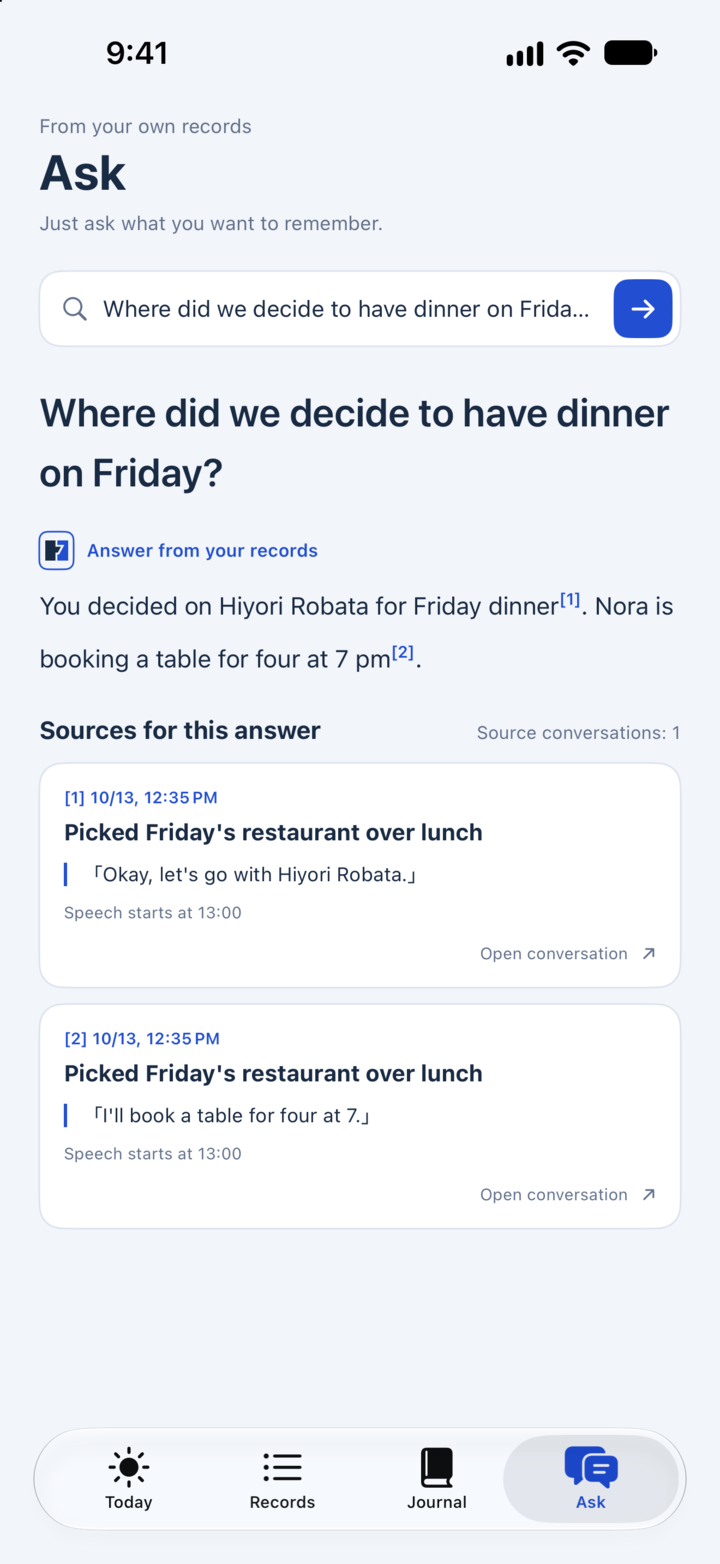 The Ask screen on iPhone, showing an answer alongside the records it cites