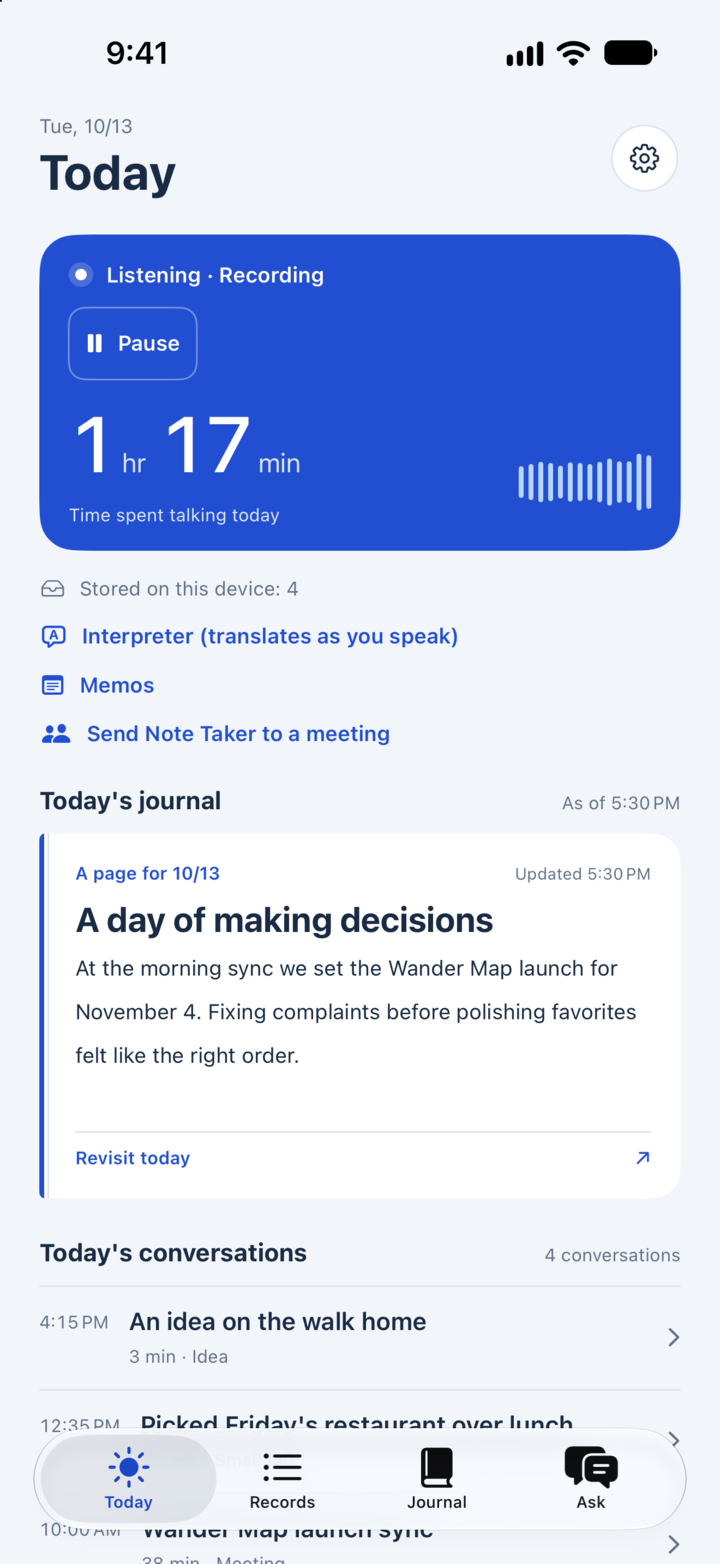 The Today screen on iPhone, with recording in progress and the day’s diary entry