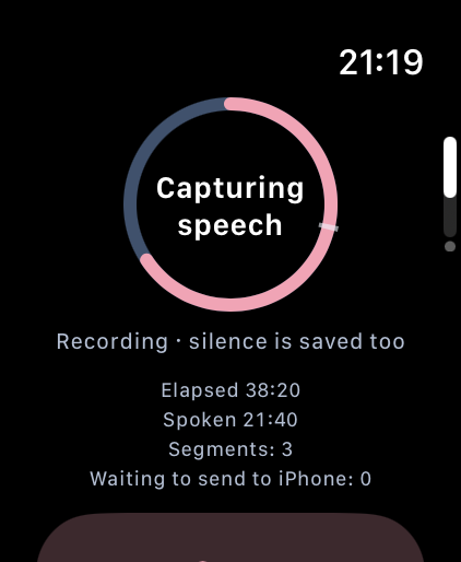 Apple Watch recording screen showing elapsed time and time spoken